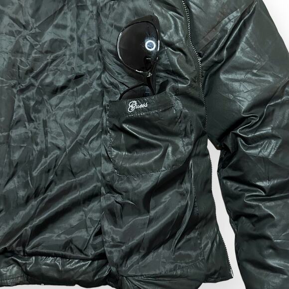 GUESS Puffer Jacket Biker Moto Down Feather Mockneck Gorpcore Chevron Black - Picture 12 of 15